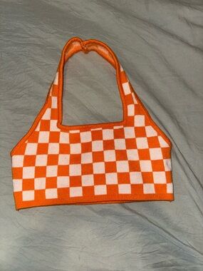 Princess Polly Orange and Light Pink Checker Knit Halter Top